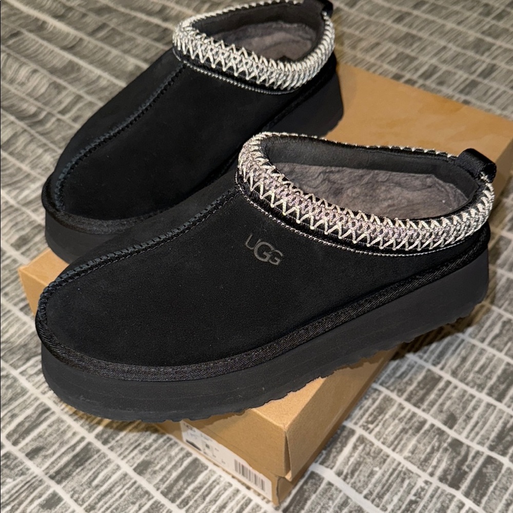 UGG Black Slippers with Cozy Knit Collar